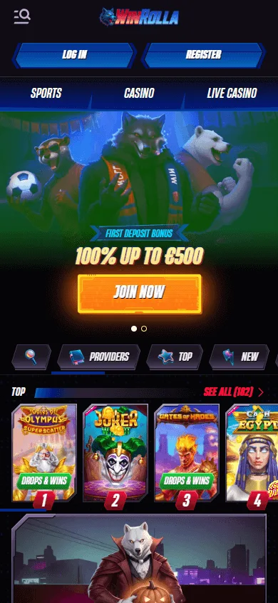 Winrolla Casino home interface in a mobile browser