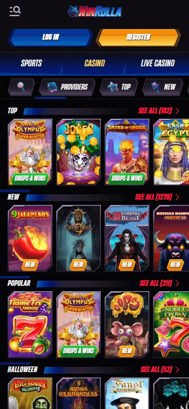 Winrolla Casino game selection in a mobile browser