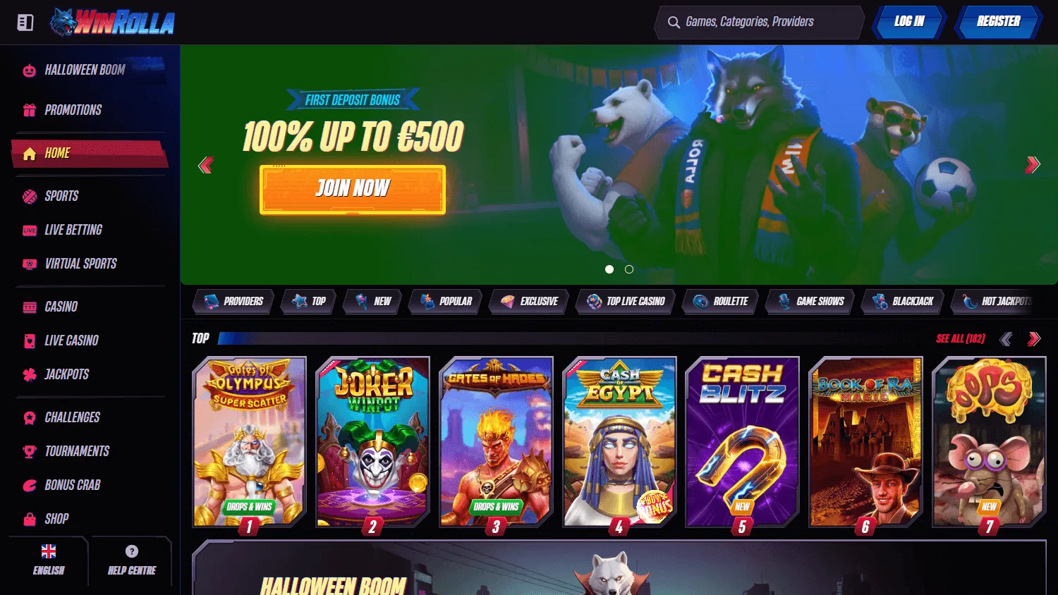 Winrolla Casino home interface on desktop