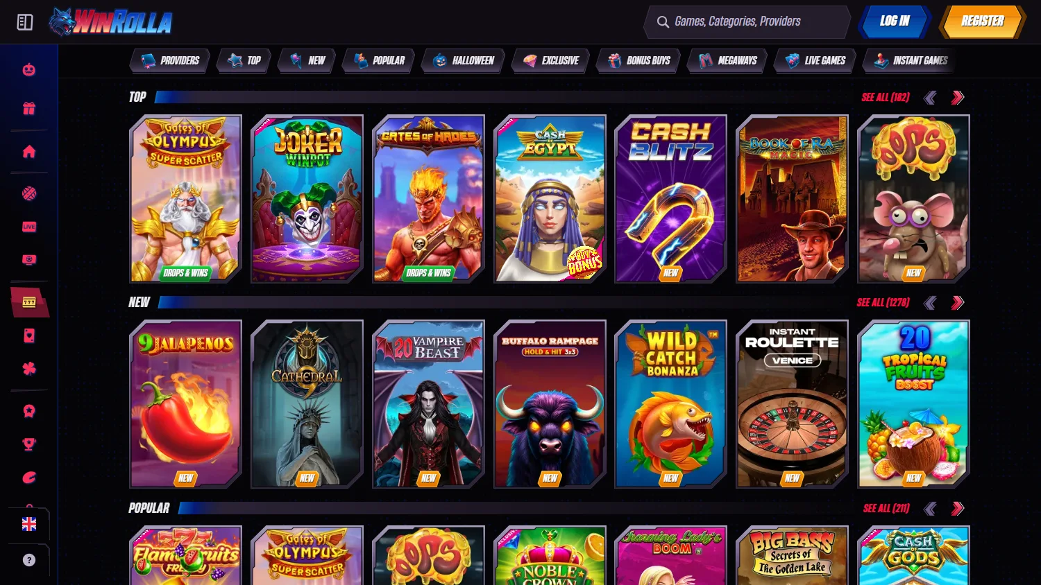 Winrolla Casino game selection on desktop