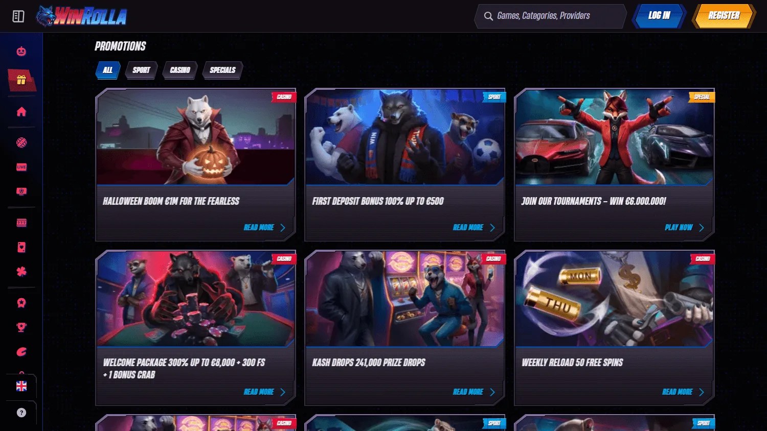 Winrolla Casino promotions area on desktop