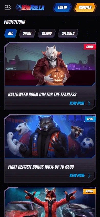 Winrolla Casino promotions area in a mobile browser